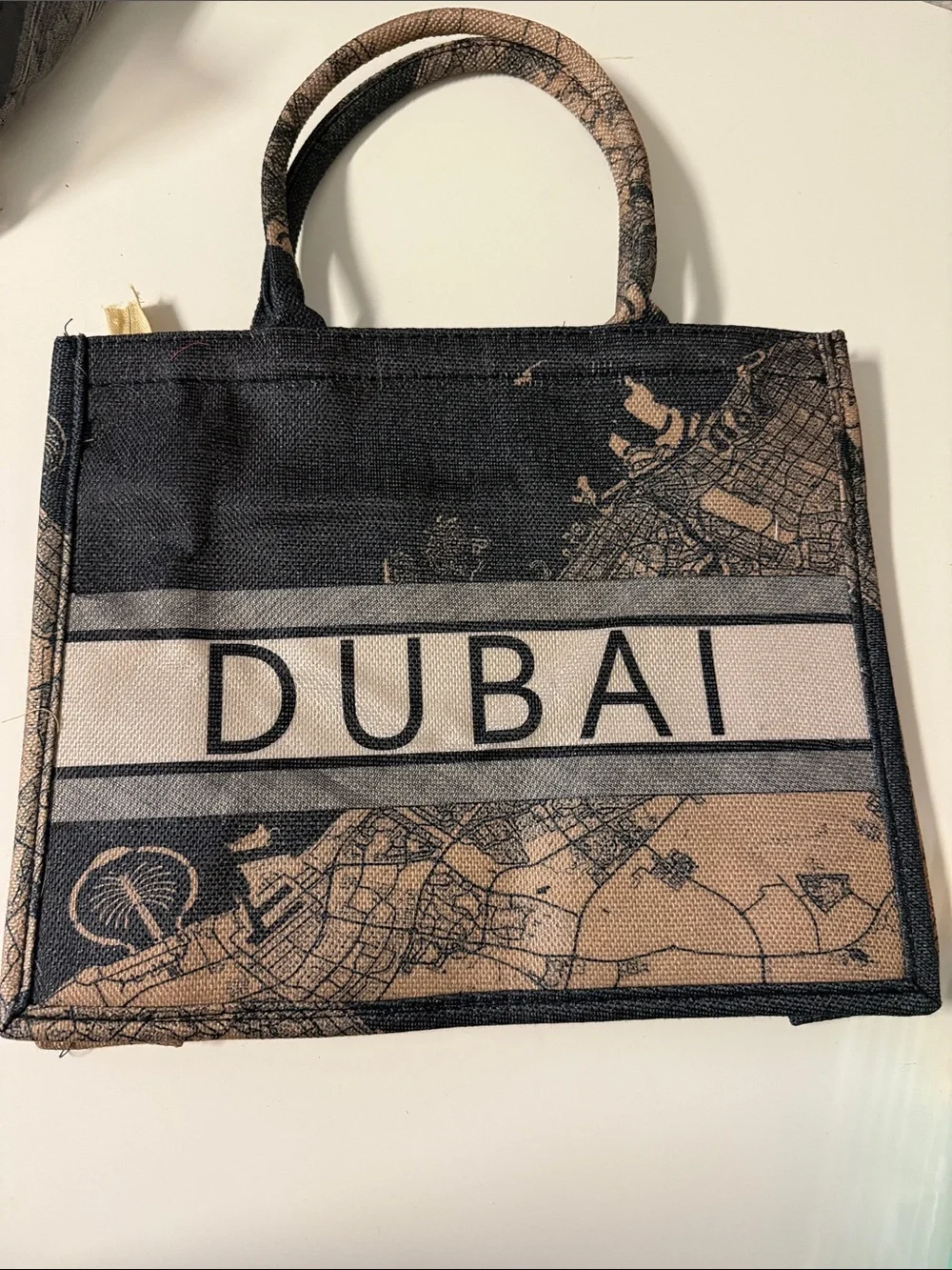 Dubai Printed Tote Bag in Black and Tan
